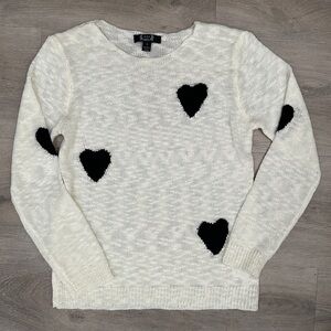 AZI New York White/Cream Sheer Knit Sweater with Black Hearts